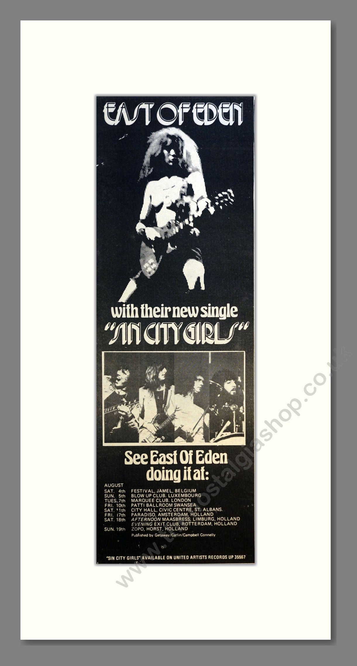 East of Eden - Sin City Girls (UK Tour). Vintage Advert 1973 (ref AD20 –  The Nostalgia Shop