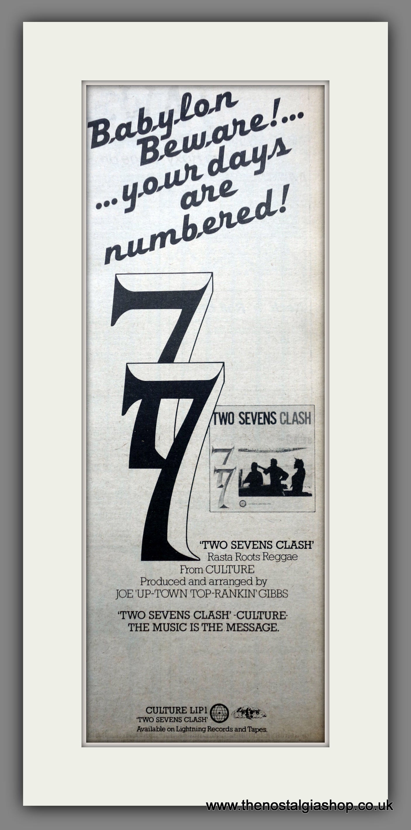 Culture. Two Sevens Clash. Vintage Original Advert 1978 (ref