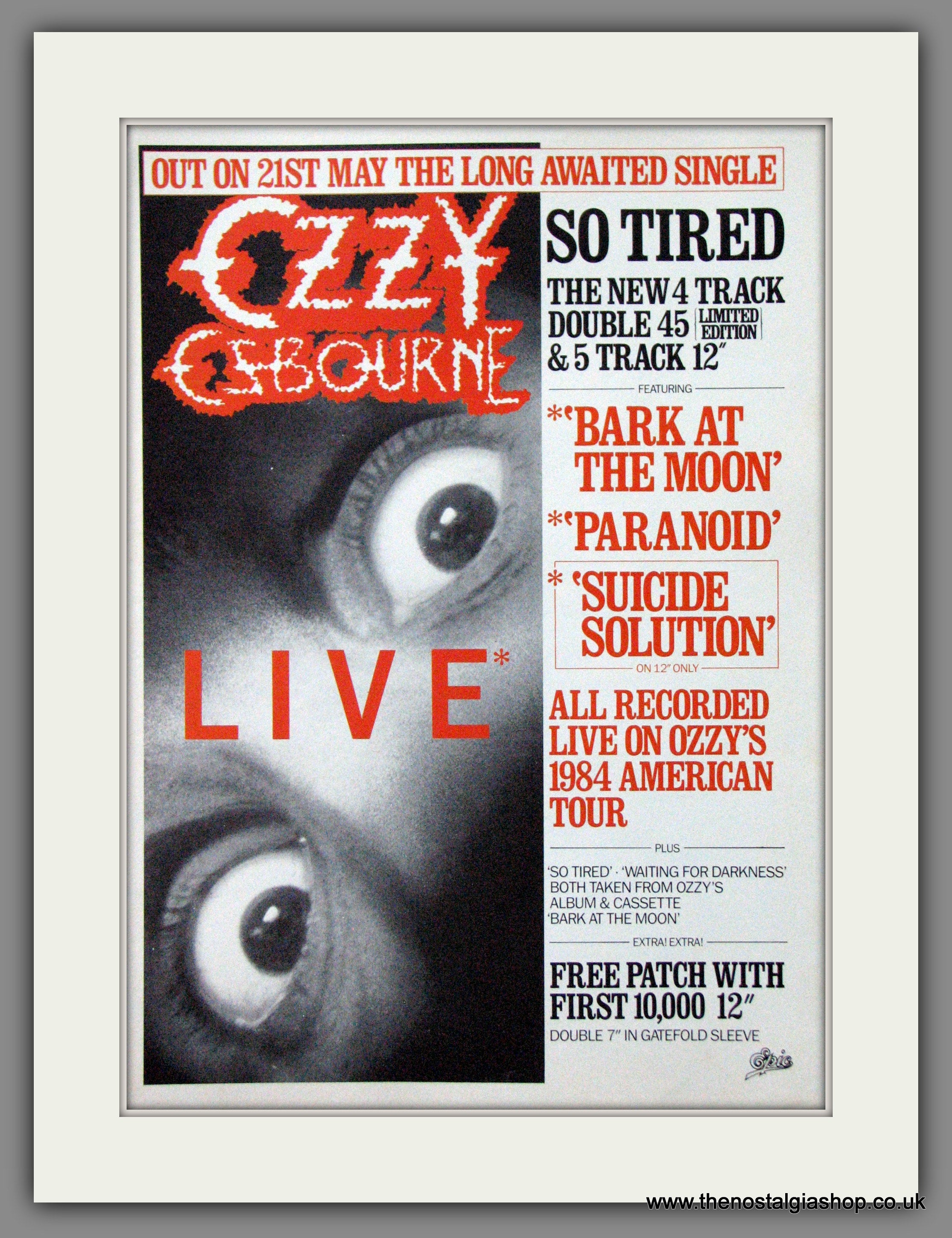 Ozzy Osbourne. So Tired, Live 1984. Original Advert (ref AD55080) – The ...