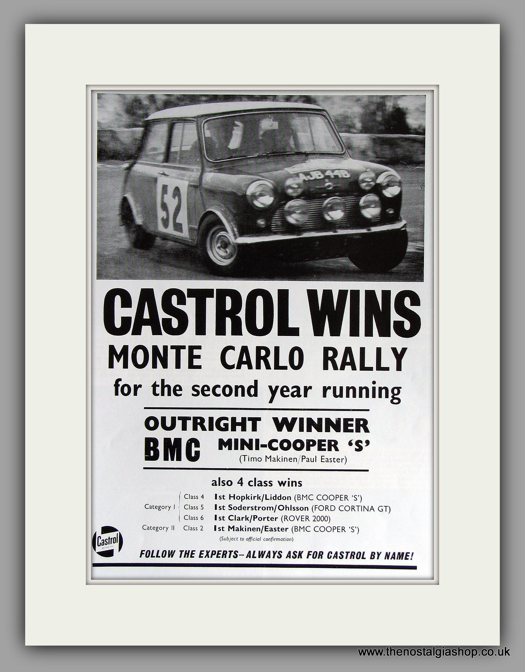 BMCミニRALLY MINI COOPER S　CASTROL POSTER　１９６０年代　オリジナル　カストロールポスター