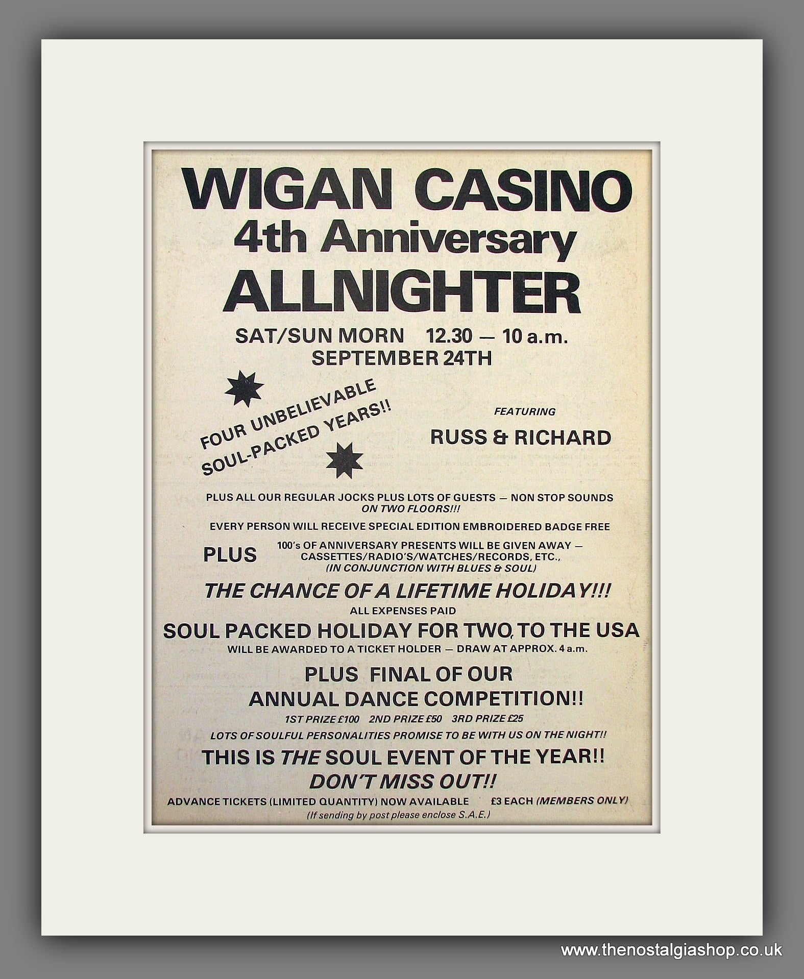 Wigan Casino All Nighter. Soul Club. 4th Anniversary. 1977 Original Advert  (ref AD55967)