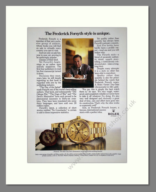 Rolex Day-Date Chronometer. Frederick Forsyth. Original Advert 1984 (ref AD63143)