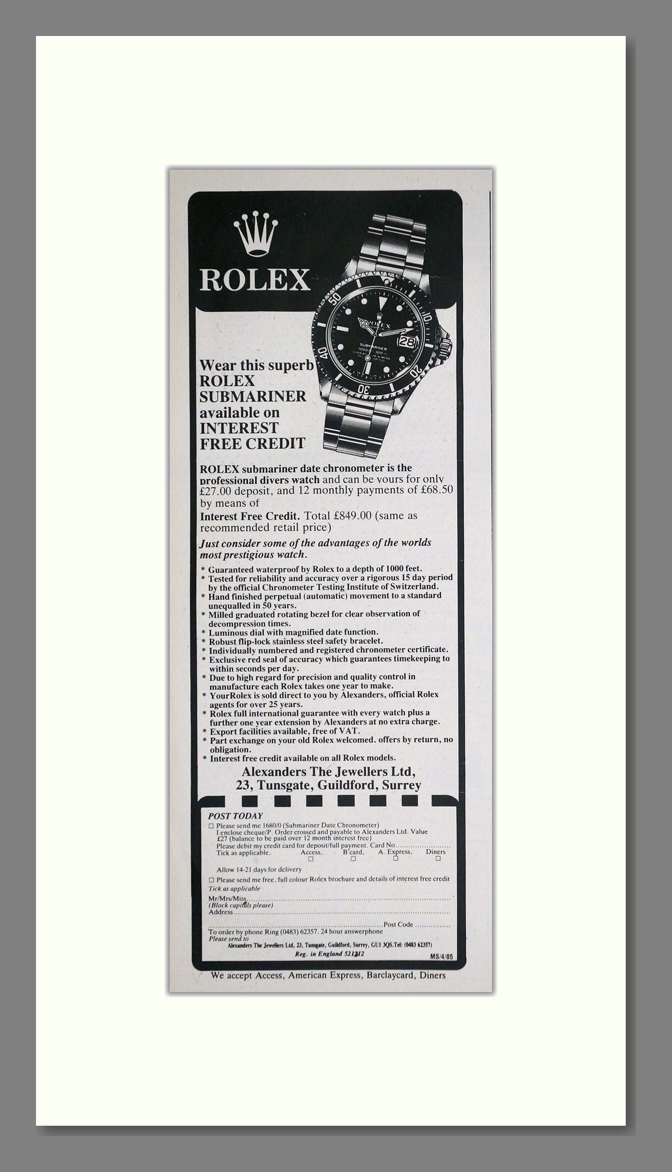 Rolex Submariner. Original Advert 1985 (ref AD63150)