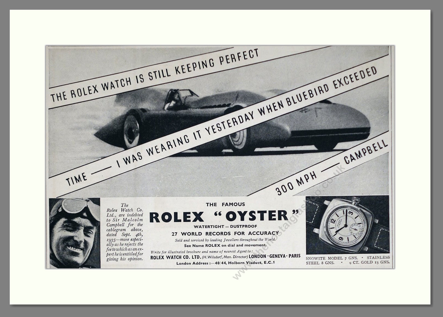 Rolex Oyster. Sir Malcolm Campbell, Bluebird. Original Advert 1935 (ref AD63151)