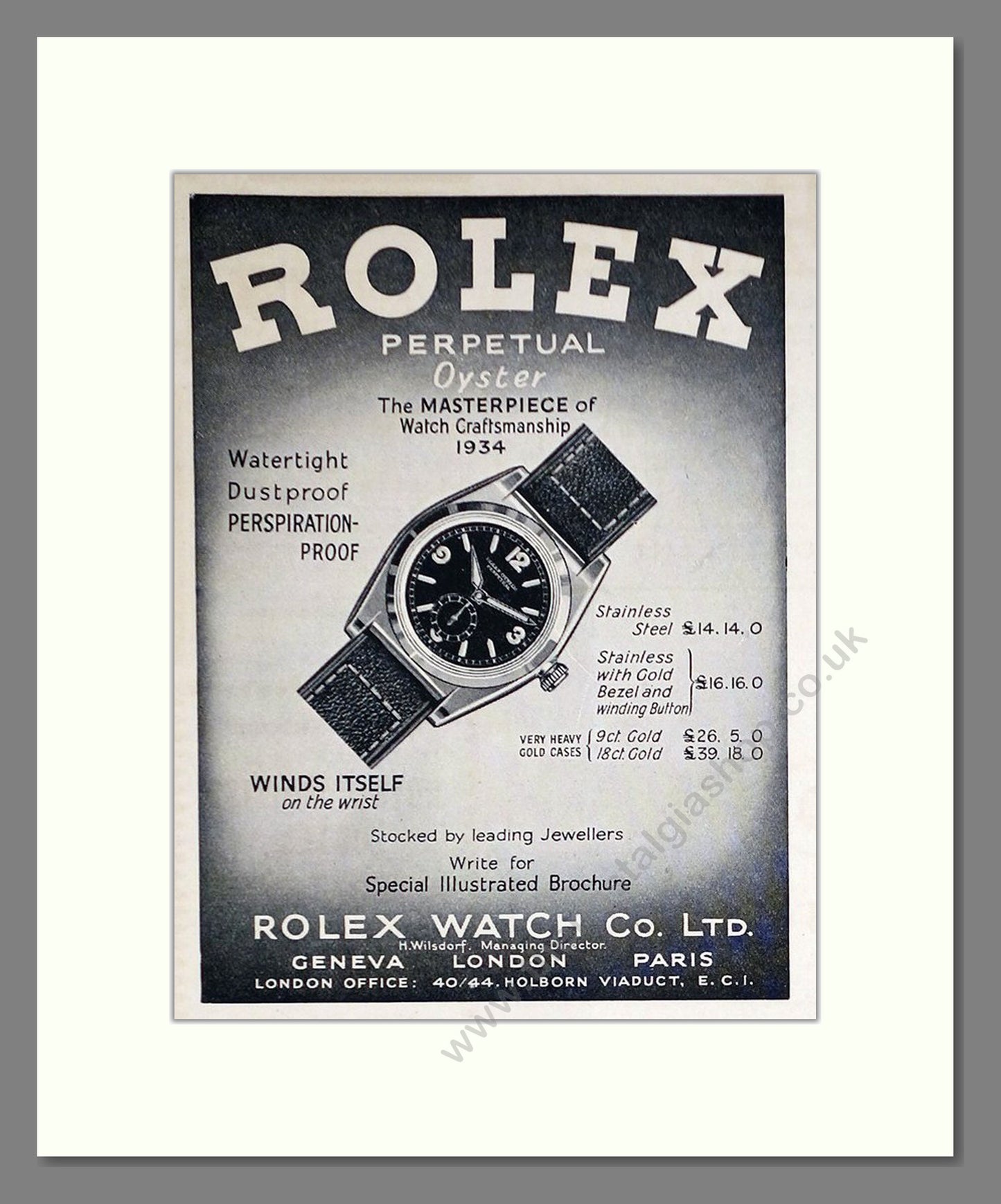 Rolex Perpetual Oyster. Original Advert 1935 (ref AD63153)