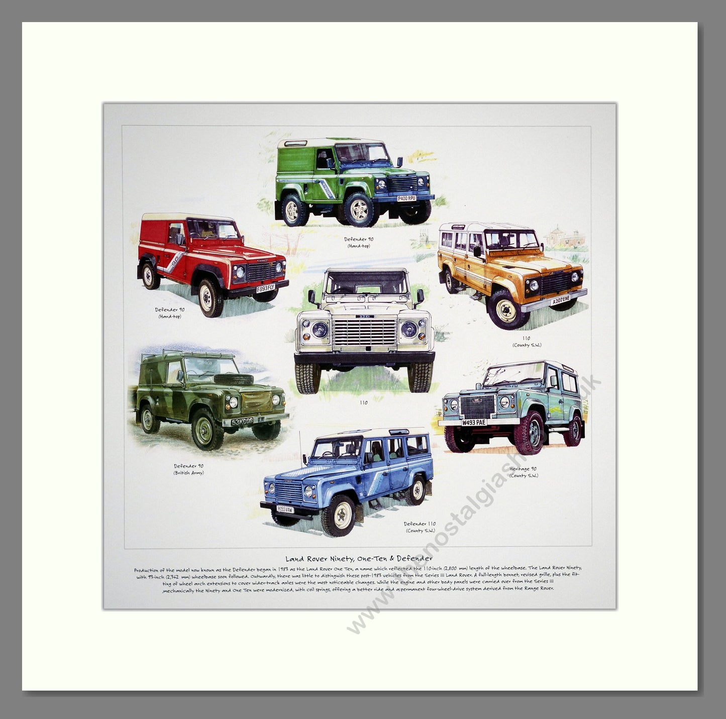 Land Rover 90, 110 & Defender. Mounted Print.