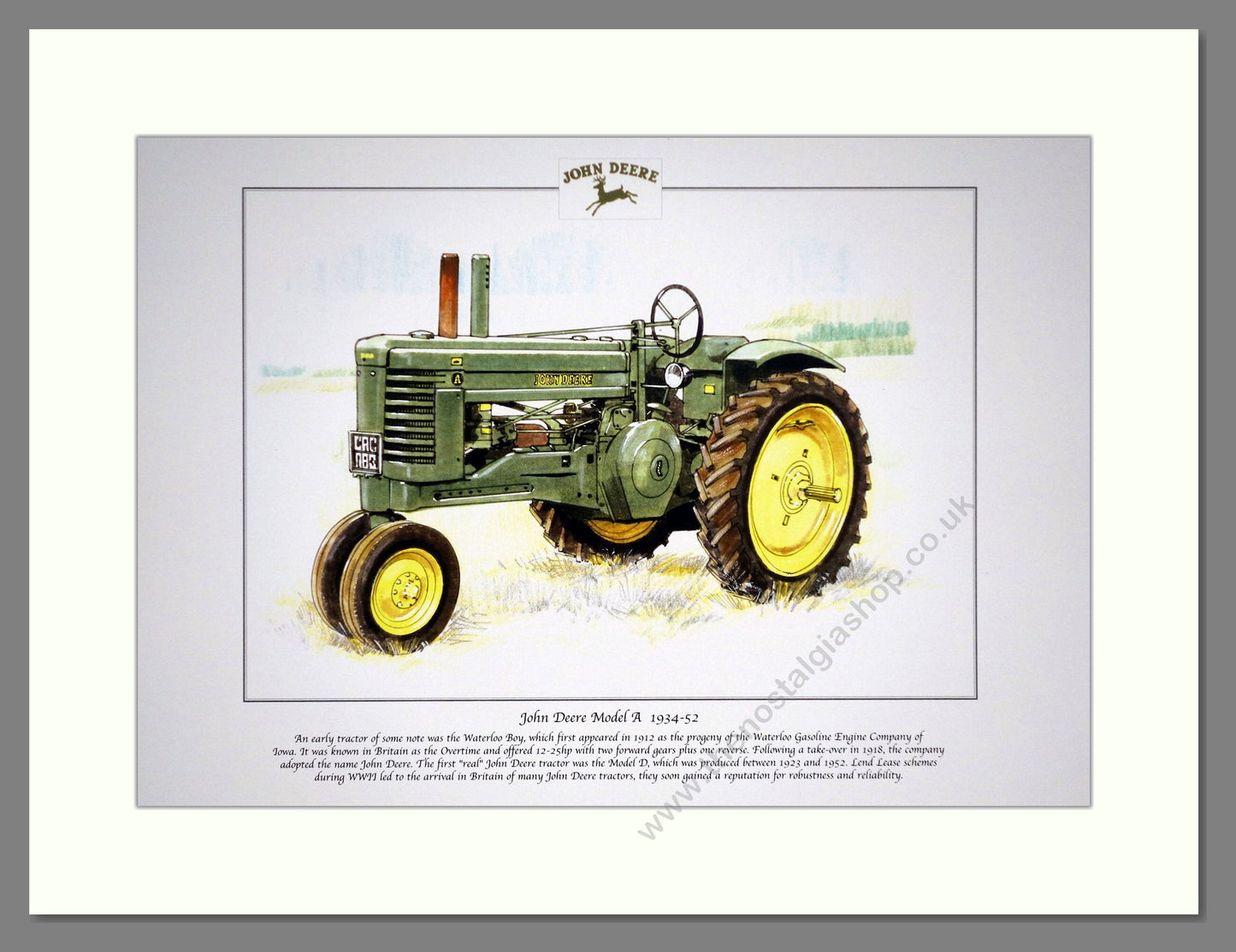 John Deere Model A Tractor 1934-1952. Mounted Print.