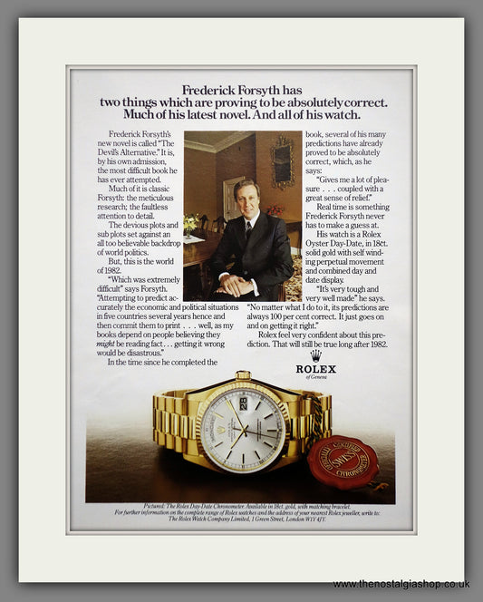 Rolex Day-Date Oyster Perpetual, worn by Frederick Forsyth. Original Advert 1982 (ref AD61193)