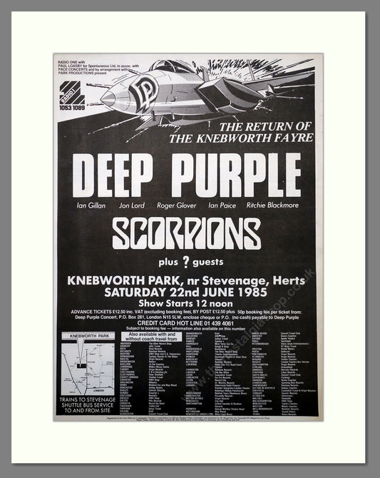 Deep Purple & Scorpions. Knebworth Park. Original Advert 1985 (ref AD15650)