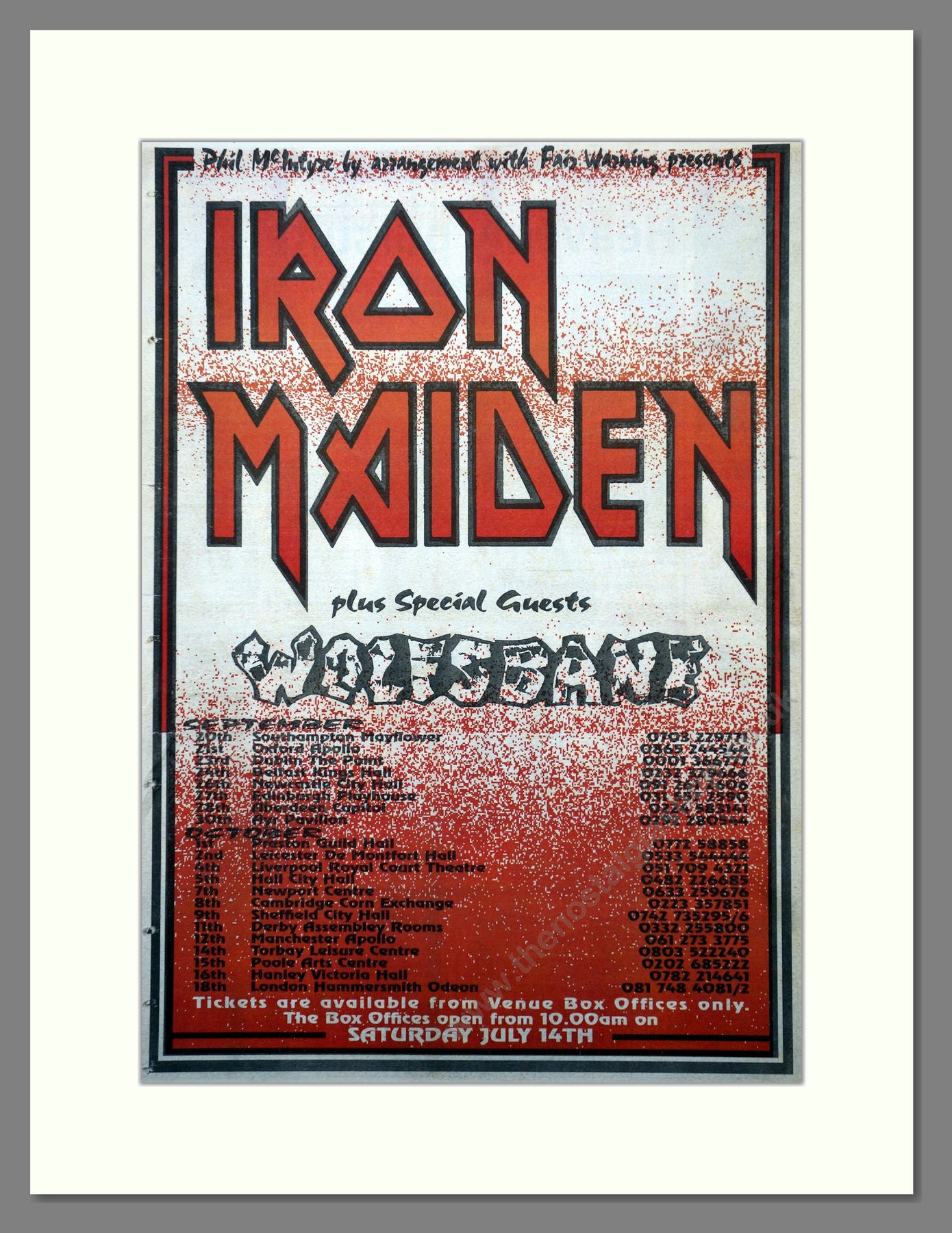 Iron Maiden & Wolfsbane UK Tour. 1990 Large Original Advert (ref AD15660)