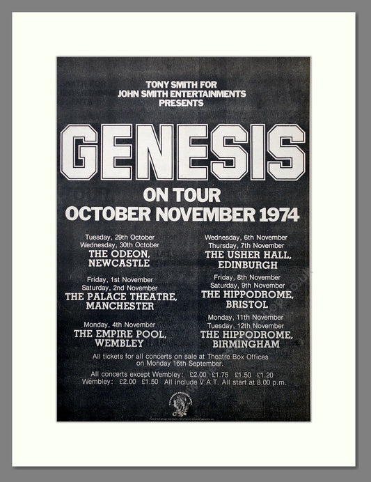 Genesis UK Tour '74. Original Vintage Advert 1974 (ref AD15667)