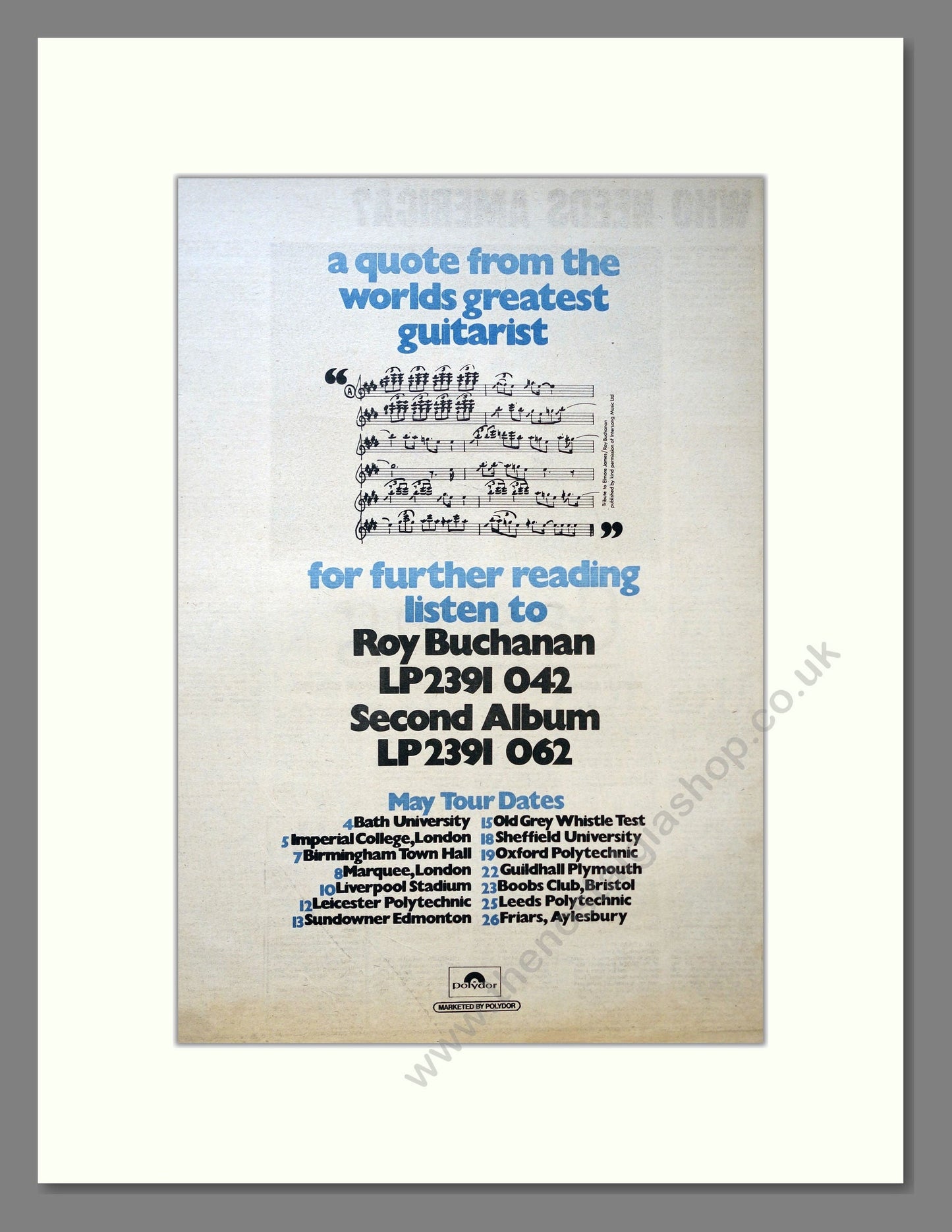 Roy Buchanan - Second Album / UK Tour. Vintage Advert 1973 (ref AD18166)