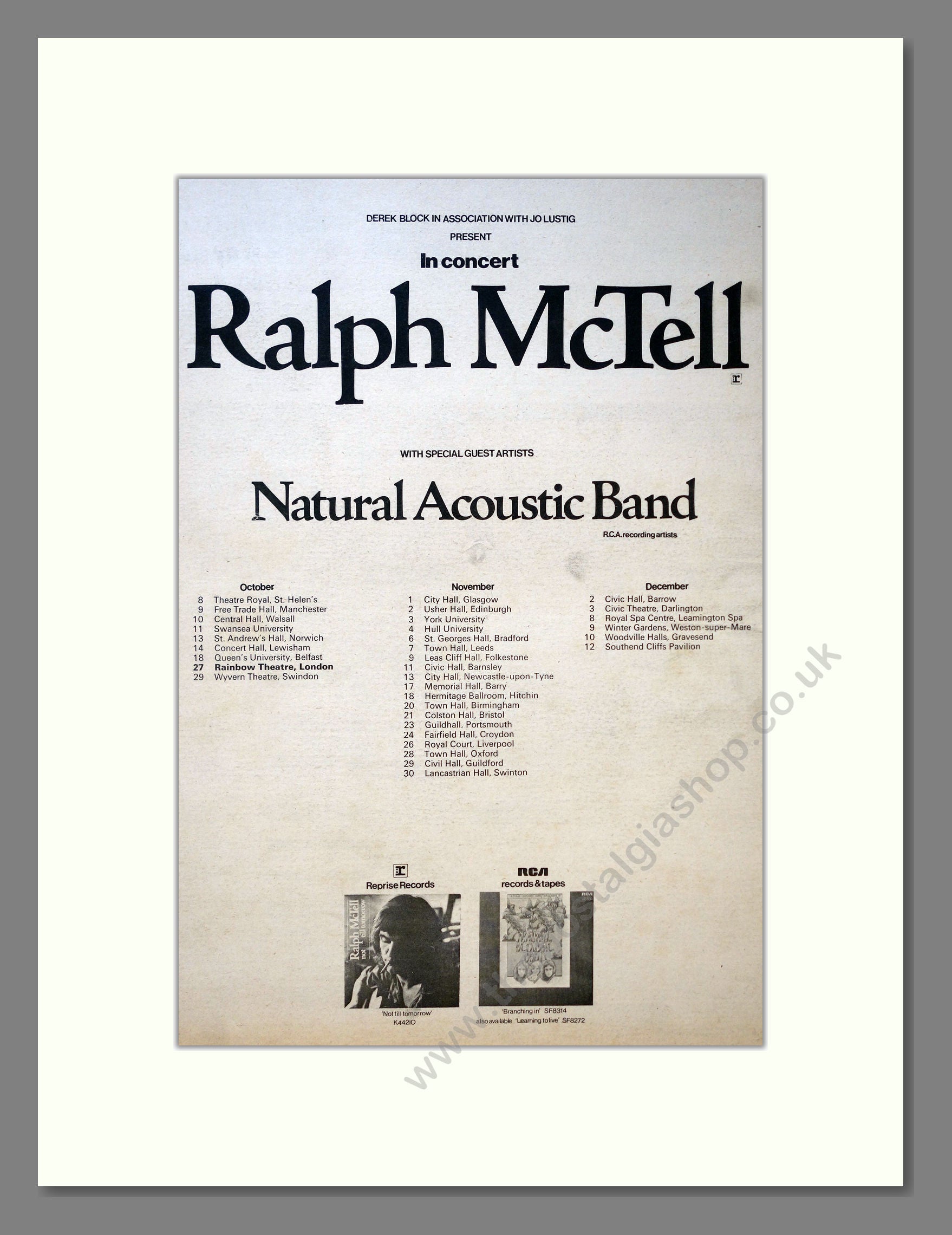 Ralph McTell - UK Tour (Acoustic Band). Vintage Advert 1972 (ref AD18197)