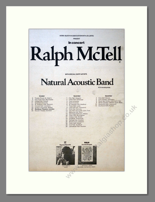 Ralph McTell - UK Tour (Acoustic Band). Vintage Advert 1972 (ref AD18197)