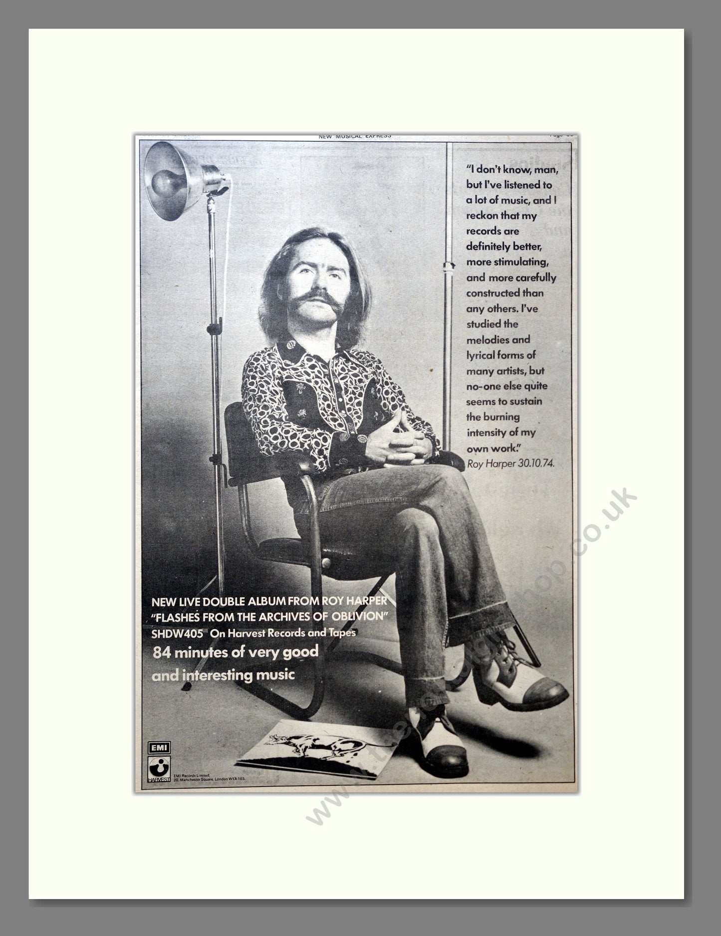 Roy Harper - Flashes From The Archive Of Oblivion. Vintage Advert 1974 (ref AD18224)