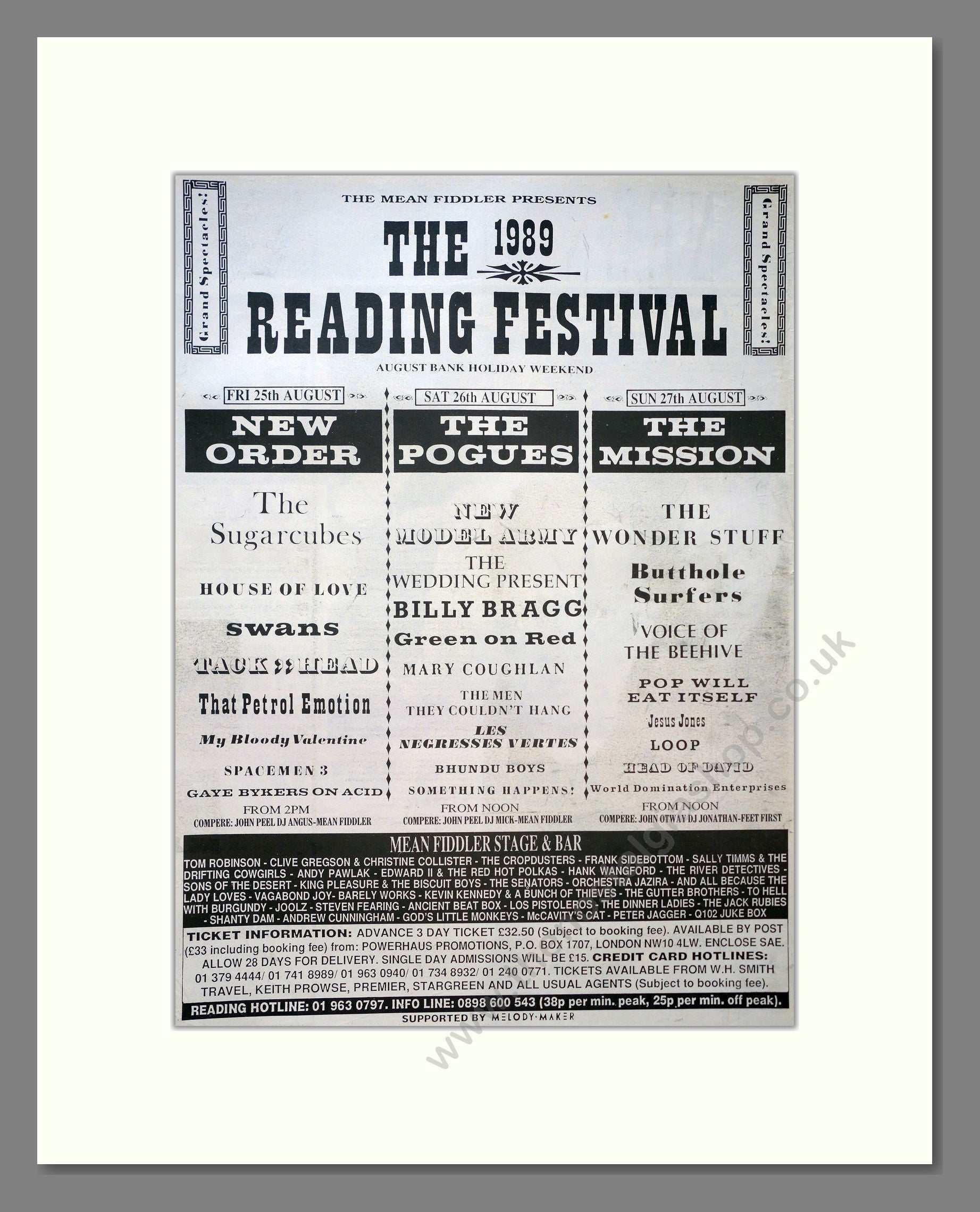 Various Artists - Reading Festival 1989. Vintage Advert 1989 (ref AD18263)