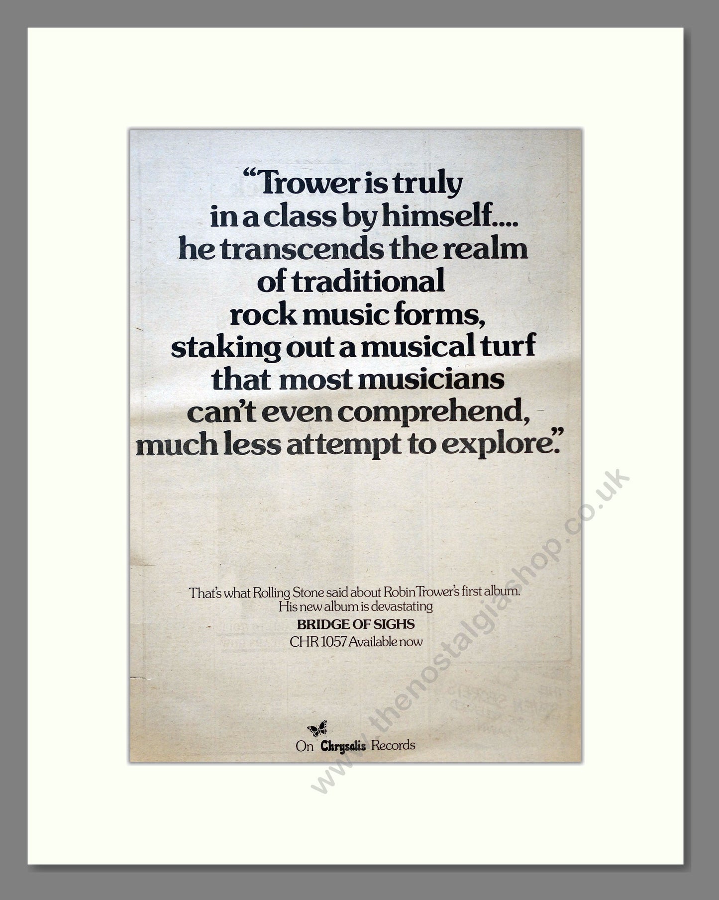 Robin Trower - Bridge Of Sighs. Vintage Advert 1974 (ref AD18276)