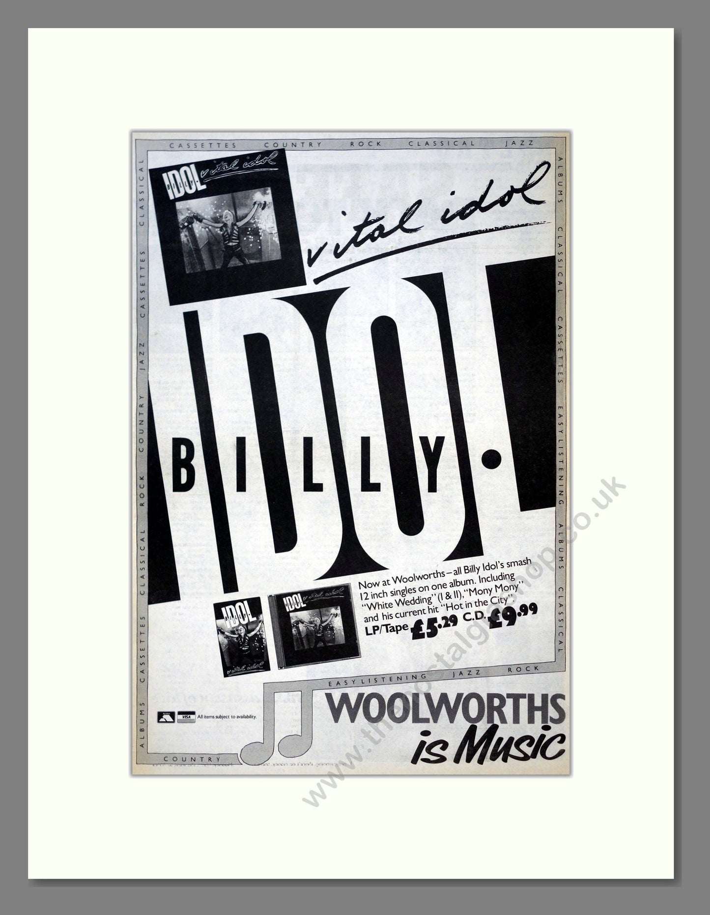 Billy Idol - Vital Idol. Vintage Advert 1988 (ref AD18492)