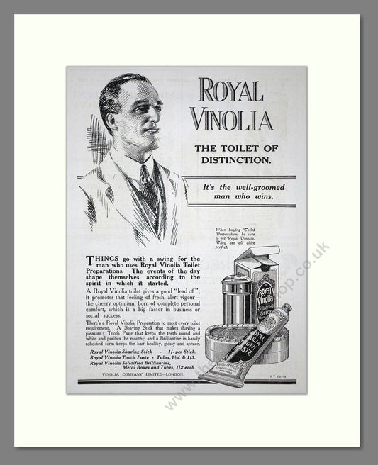 Royal Vinolia - Grooming Products. Vintage Advert 1919 (ref AD62179)