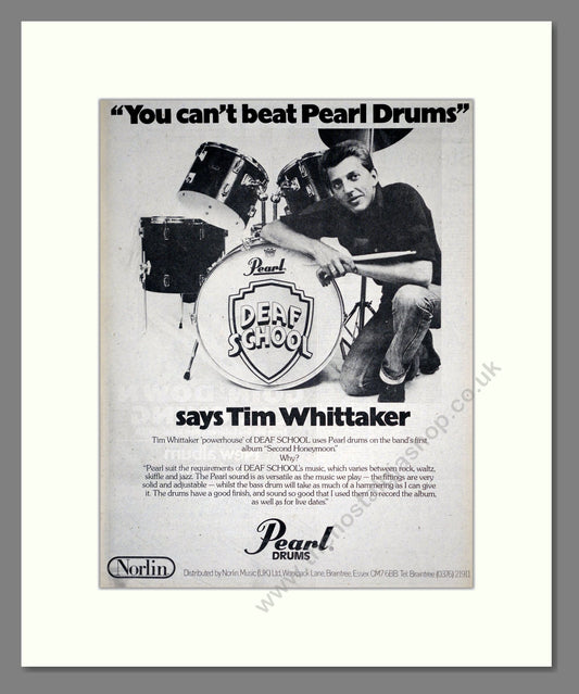 Tim Whittaker / Deaf School - Pearl Drums. Vintage Advert 1976 (ref AD18602)