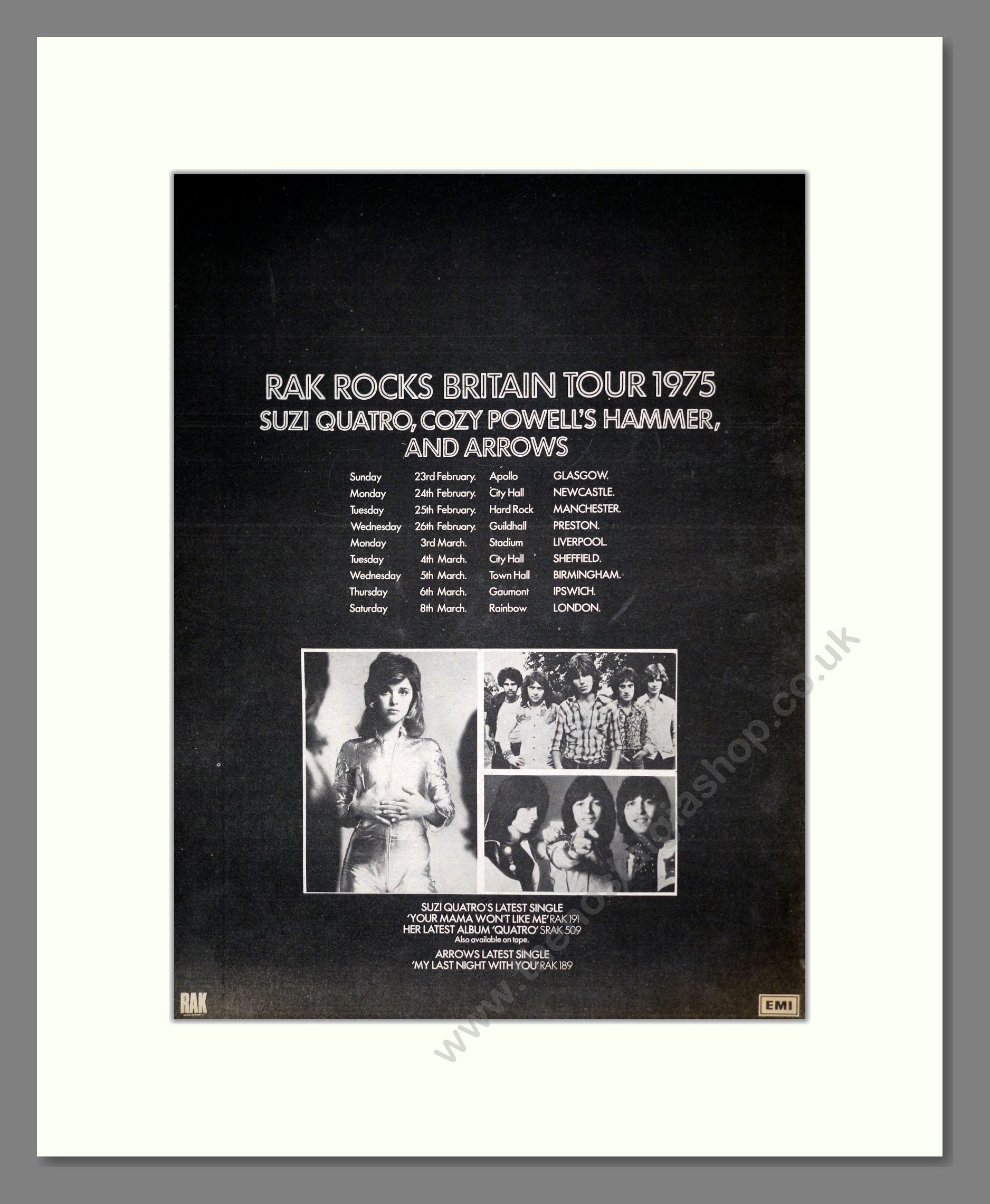 Suzi Quatro, Cozy Powell's Hammer, Arrows - Rak Rocks Britain Tour. Vintage Advert 1975 (ref AD18610)