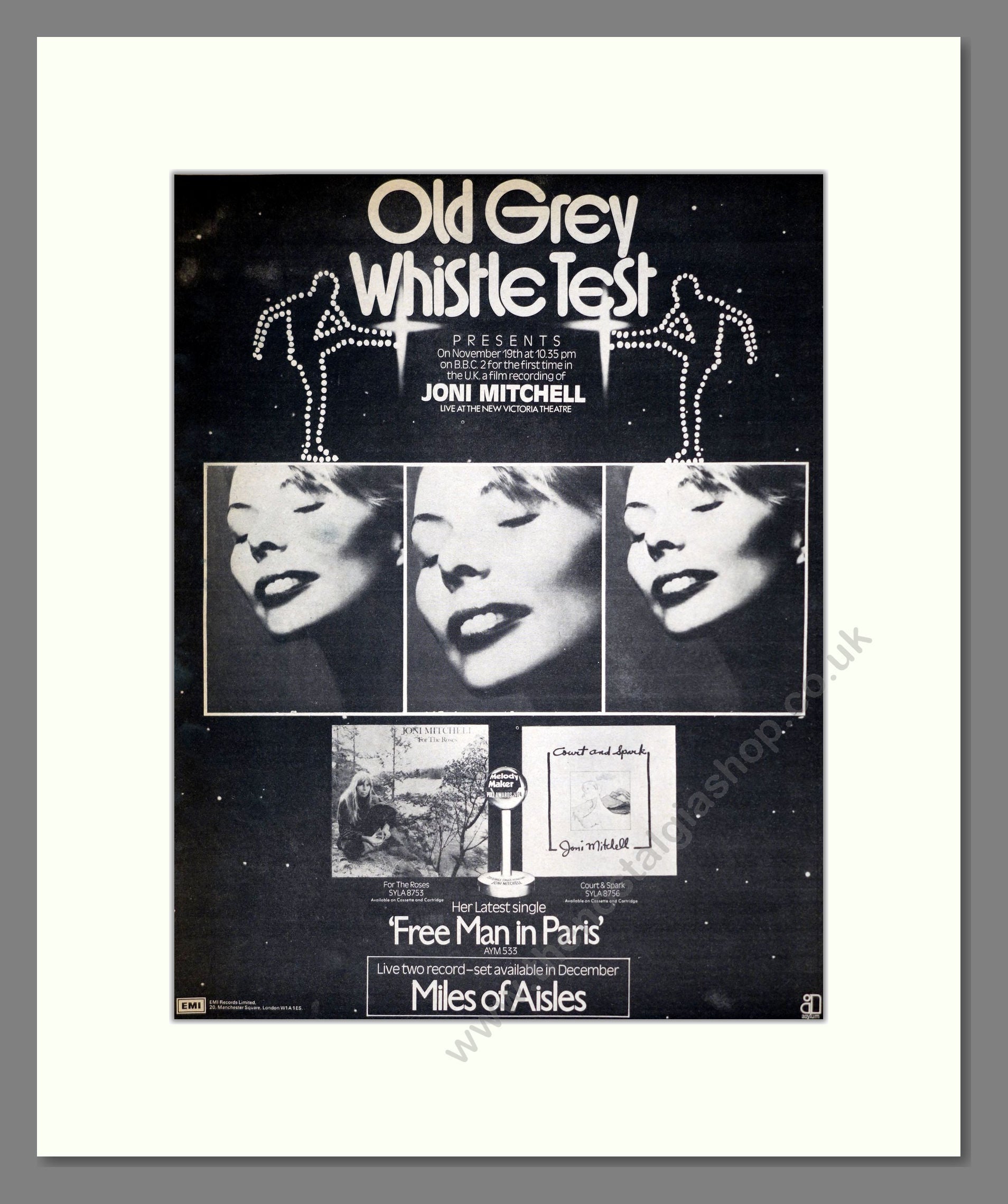 Joni Mitchell - Old Grey Whistle Test. Vintage Advert 1974 (ref AD18697)