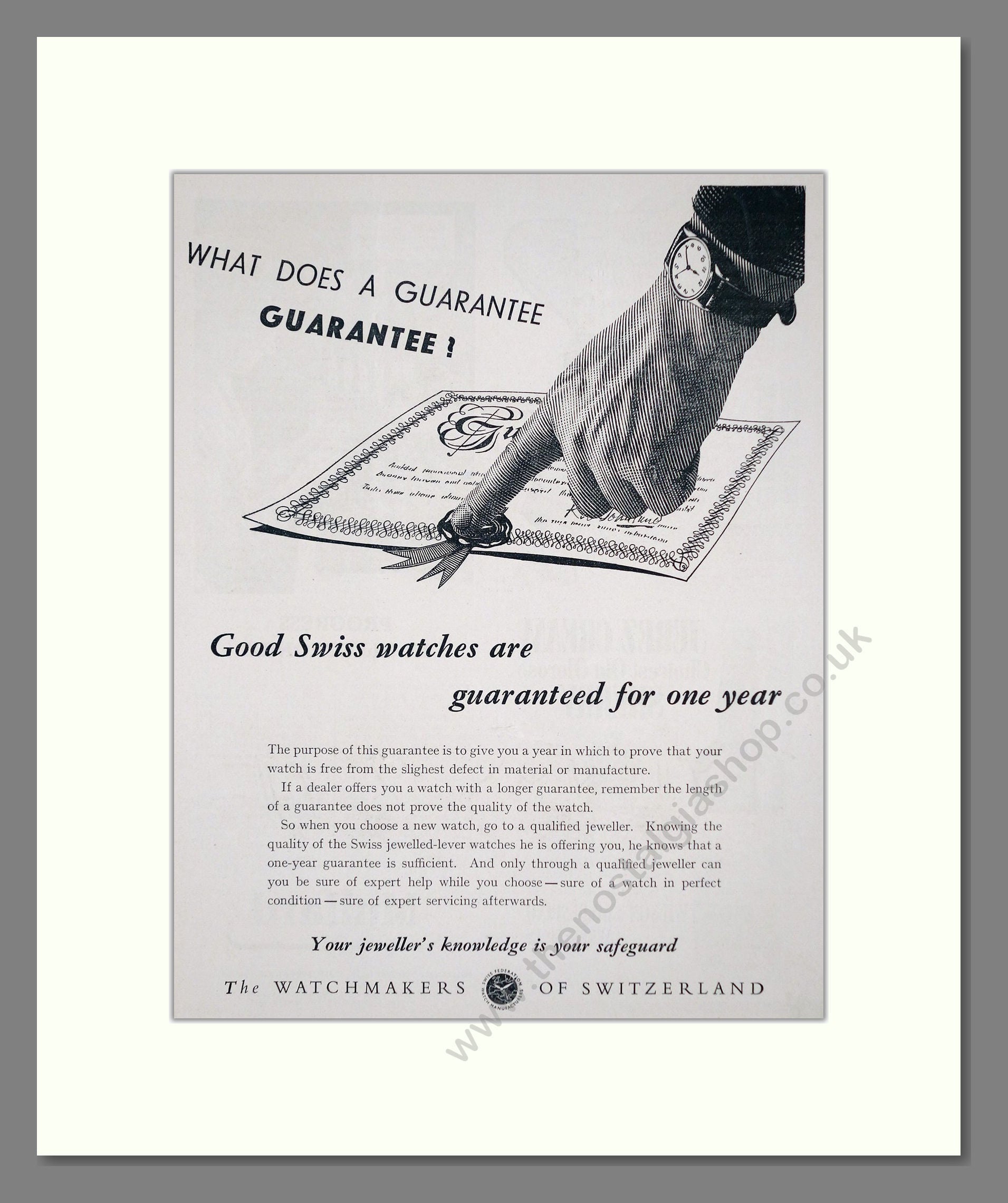 Watchmakers Of Switzerland - 1 Year Guarentee. Vintage Advert 1953 (ref AD62239)