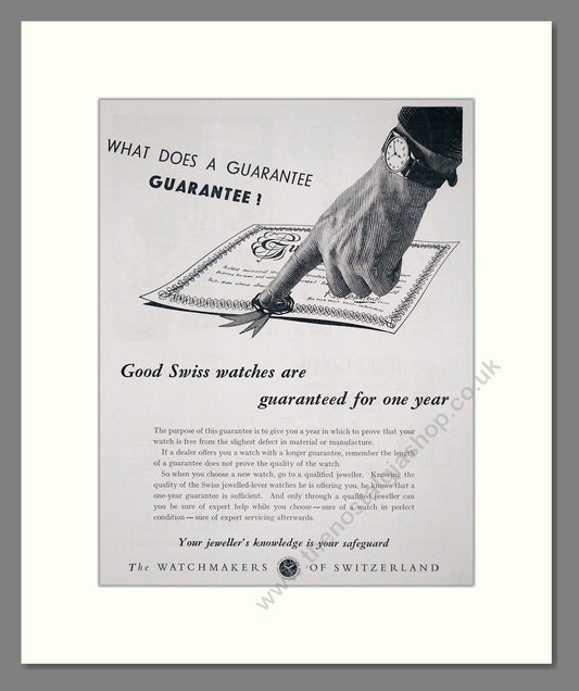 Watchmakers Of Switzerland - 1 Year Guarentee. Vintage Advert 1953 (ref AD62239)