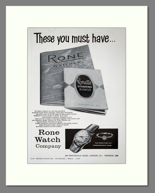 Rone - Watches and Rings. Vintage Advert 1962 (ref AD62266)