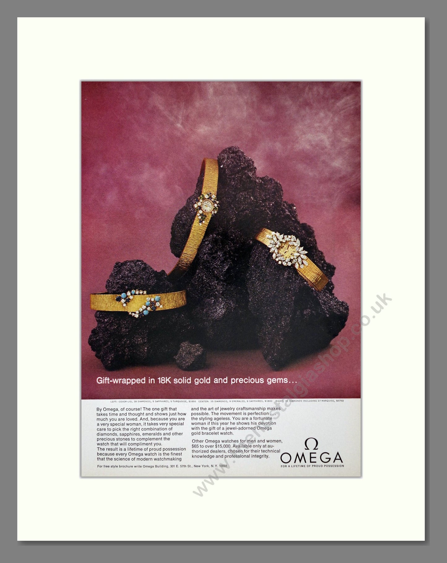 Omega - Gold and Gems Watches. Vintage Advert 1968 (ref AD62282)