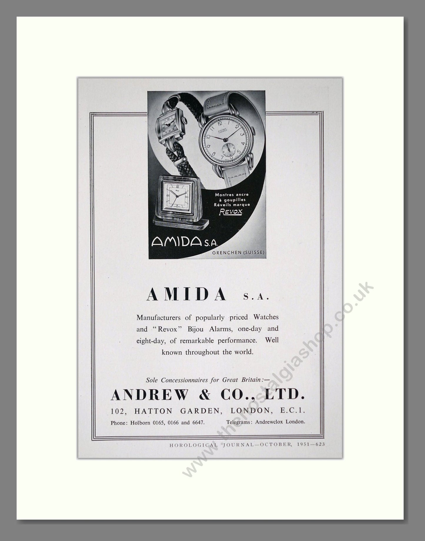 Amida - Watches And Clocks. Vintage Advert 1951 (ref AD62408)