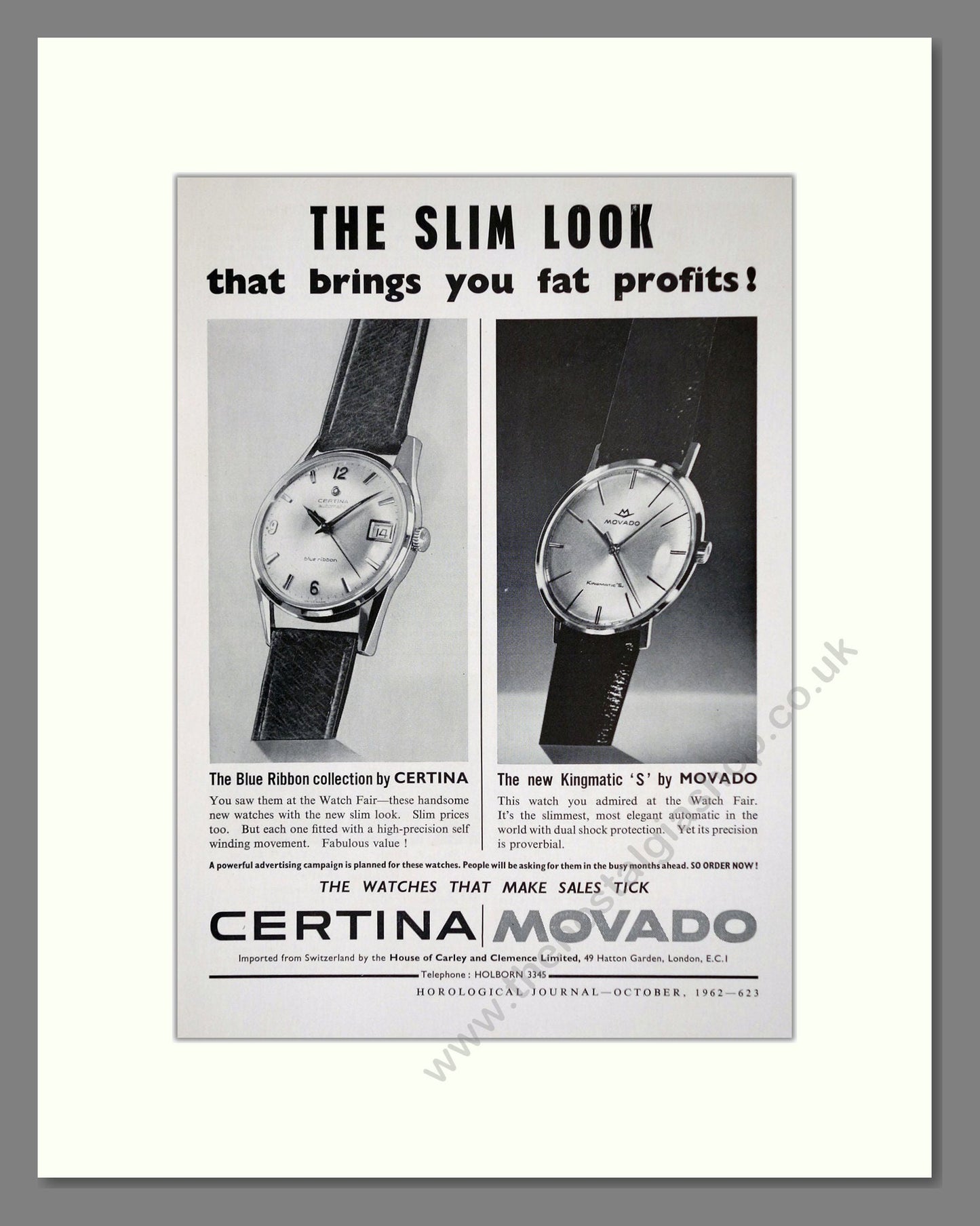 Certina - Blue Ribbon Collection / Kingmatic. Vintage Advert 1962 (ref AD62452)