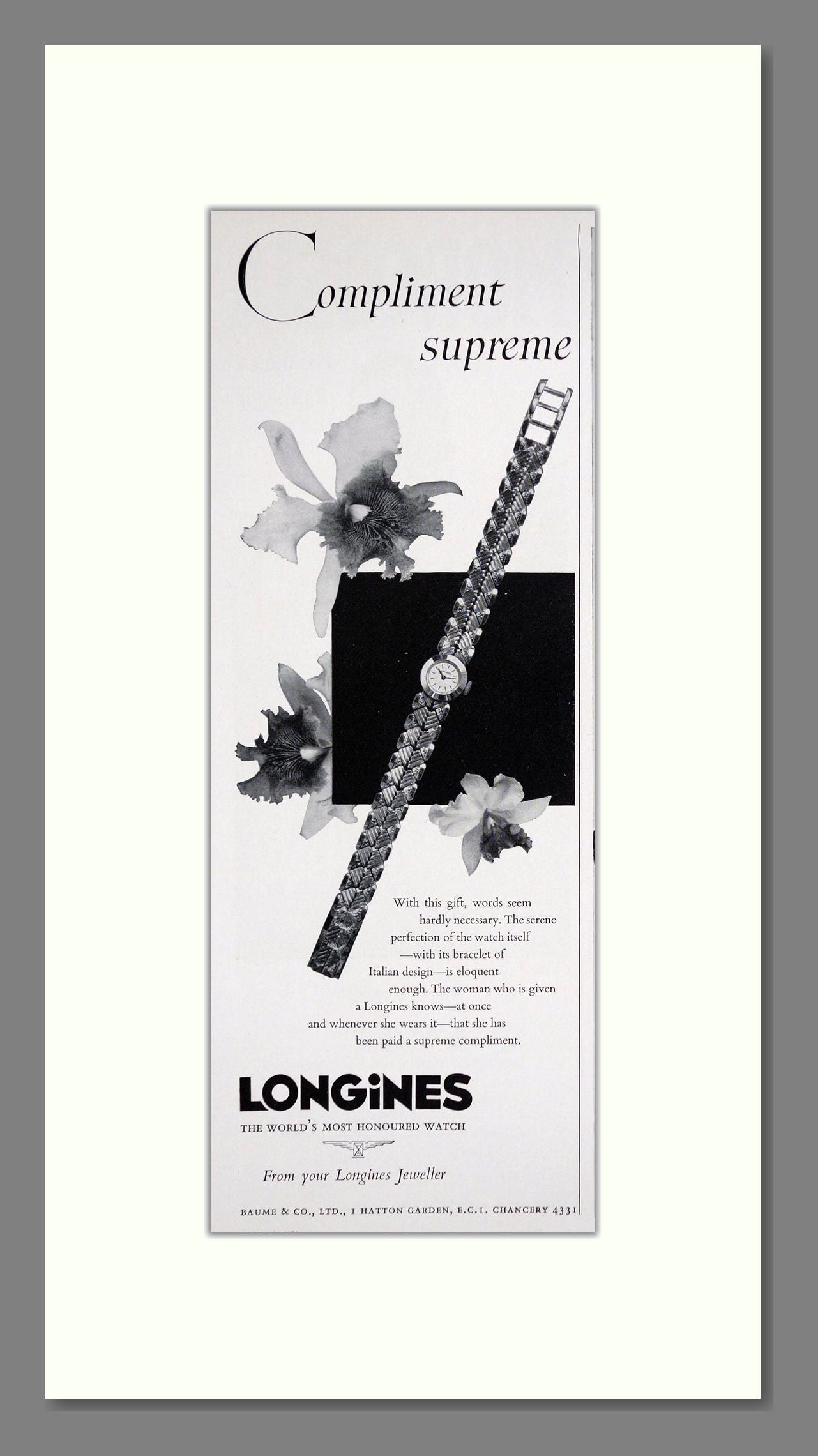 Longines - Compliment Supreme. Vintage Advert 1959 (ref AD62465)