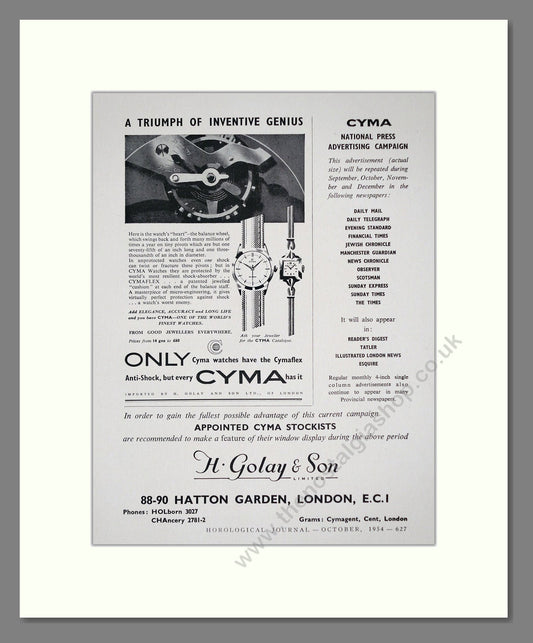 Cyma - Cymaflex Anti Shock. Vintage Advert 1954 (ref AD62492)