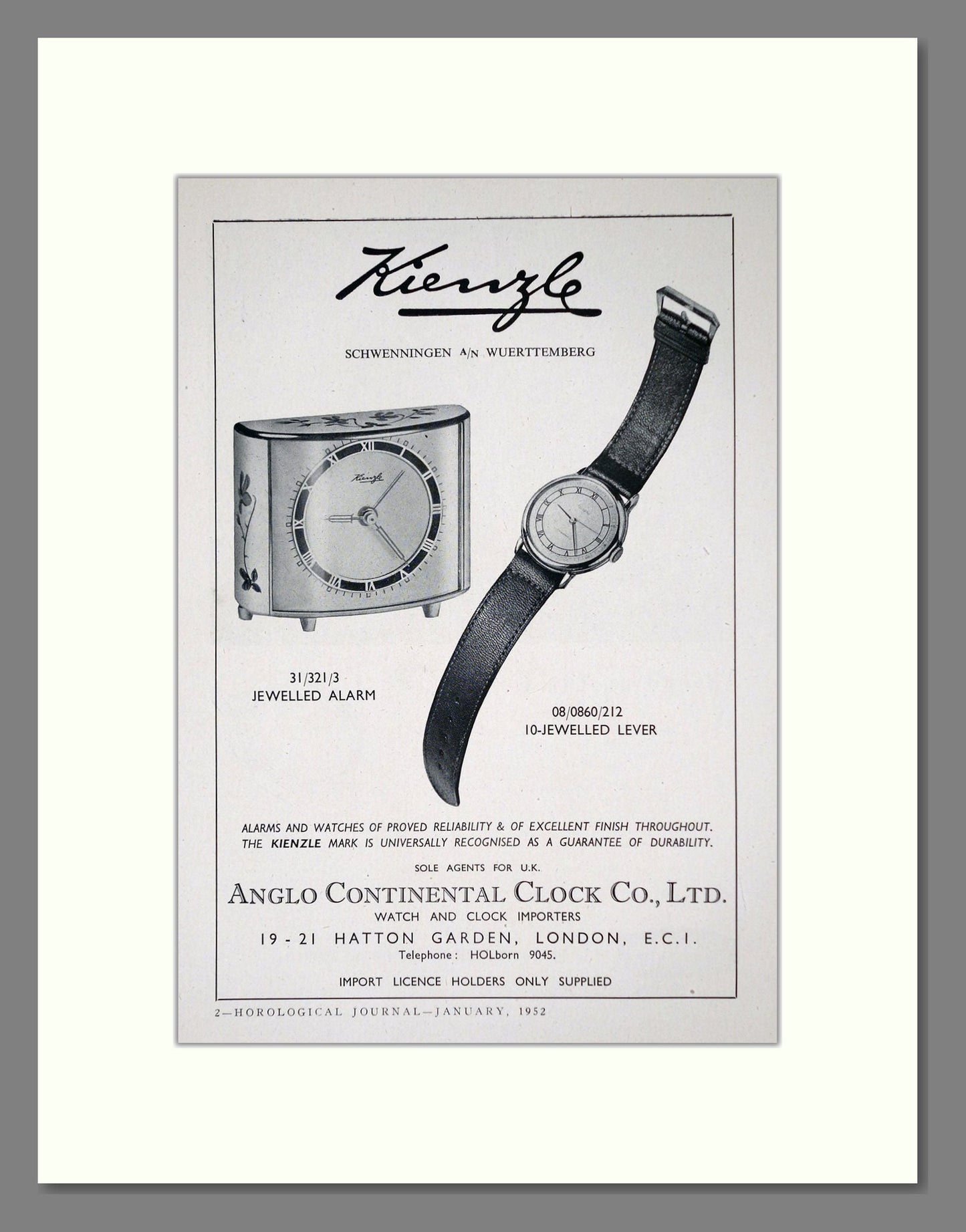 Kienzle - Alarms And Watches. Vintage Advert 1952 (ref AD62494)