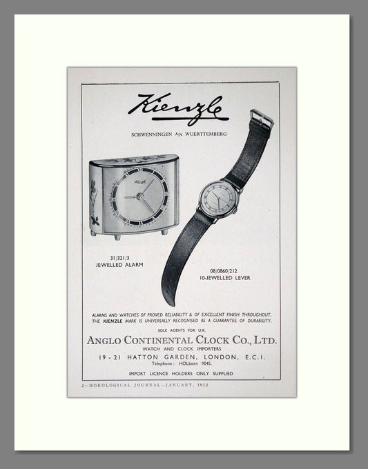 Kienzle - Alarms And Watches. Vintage Advert 1952 (ref AD62494)