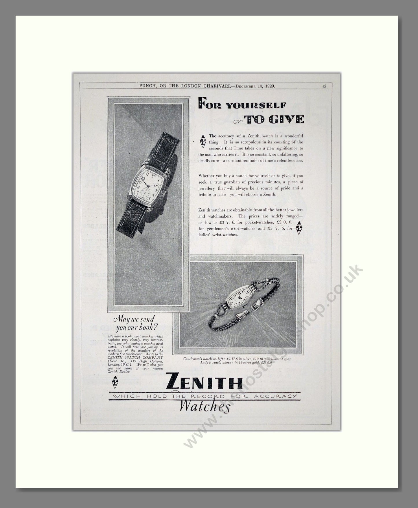 Zenith - 2 Watches. Vintage Advert 1929 (ref AD62515)