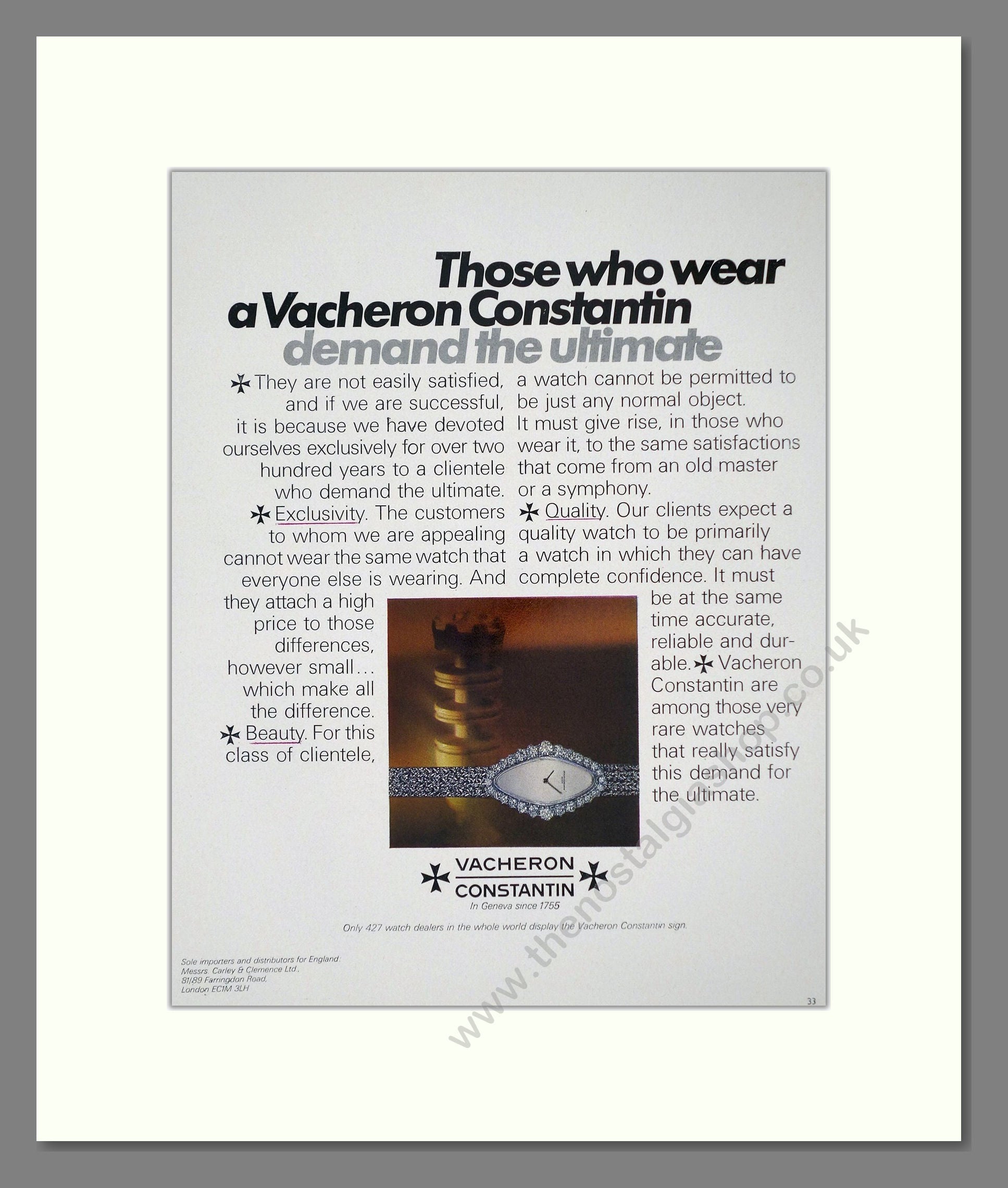 Vacheron Constantin - Diamond Watch. Vintage Advert 1973 (ref AD62533)