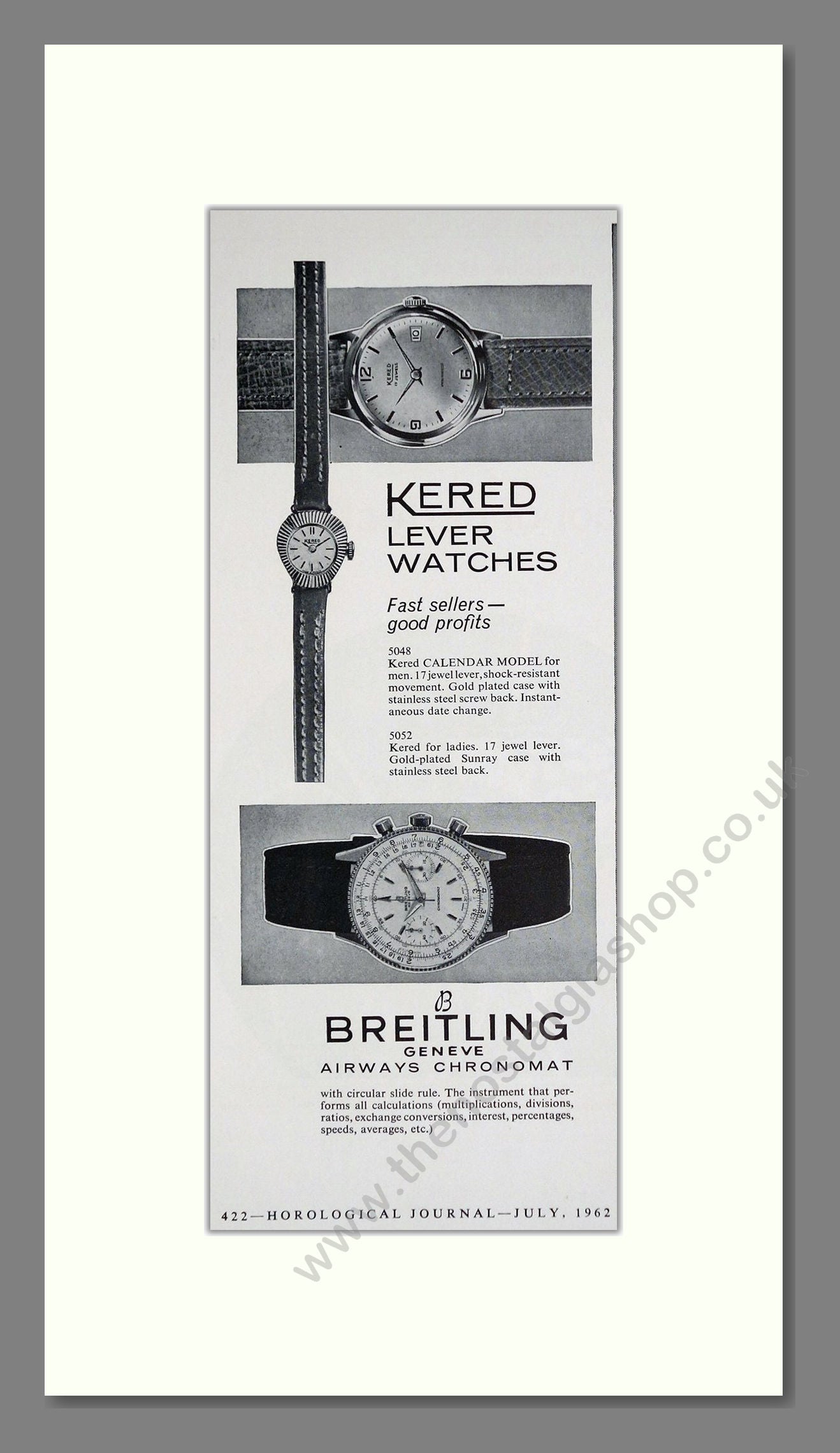 Breitling / Kered - Airways Chronomat / Lever Watches. Vintage Advert 1962 (ref AD62545)