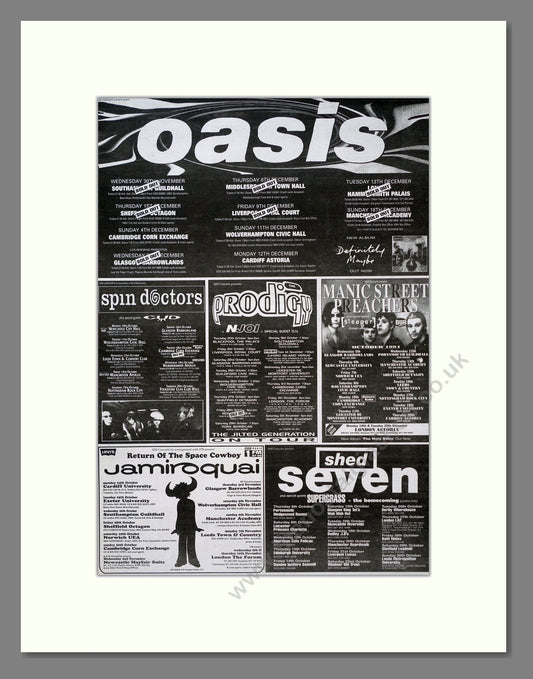 Oasis / Spin Doctors / Prodigy / Manic Street Preachers / Jamiroquai / Shed Seven - Tour Details. Vintage Advert 1994 (ref AD18748)