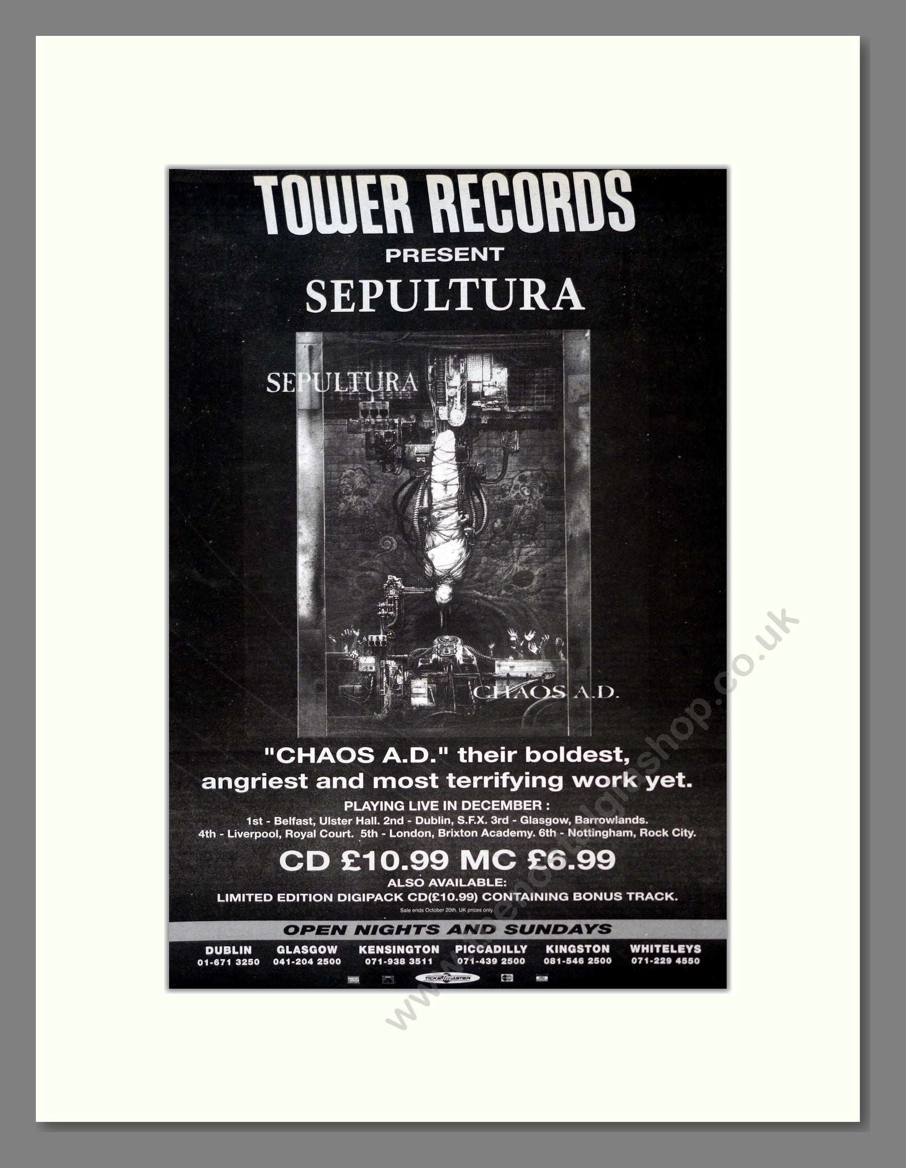 Sepultura - Chaos A.D.. Vintage Advert 1993 (ref AD18786)