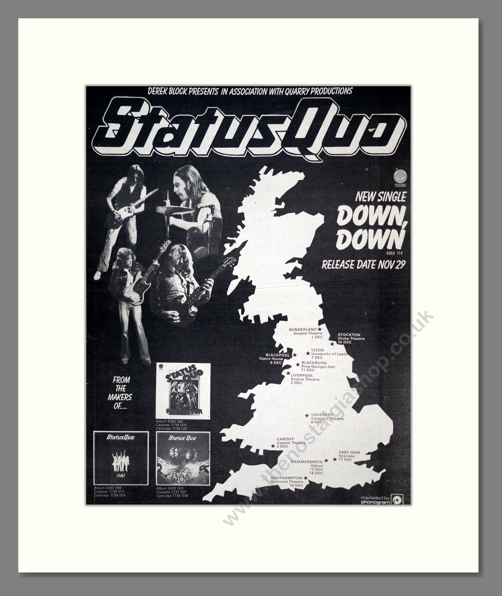 Status Quo - Down Down. Vintage Advert 1974 (ref AD18852)