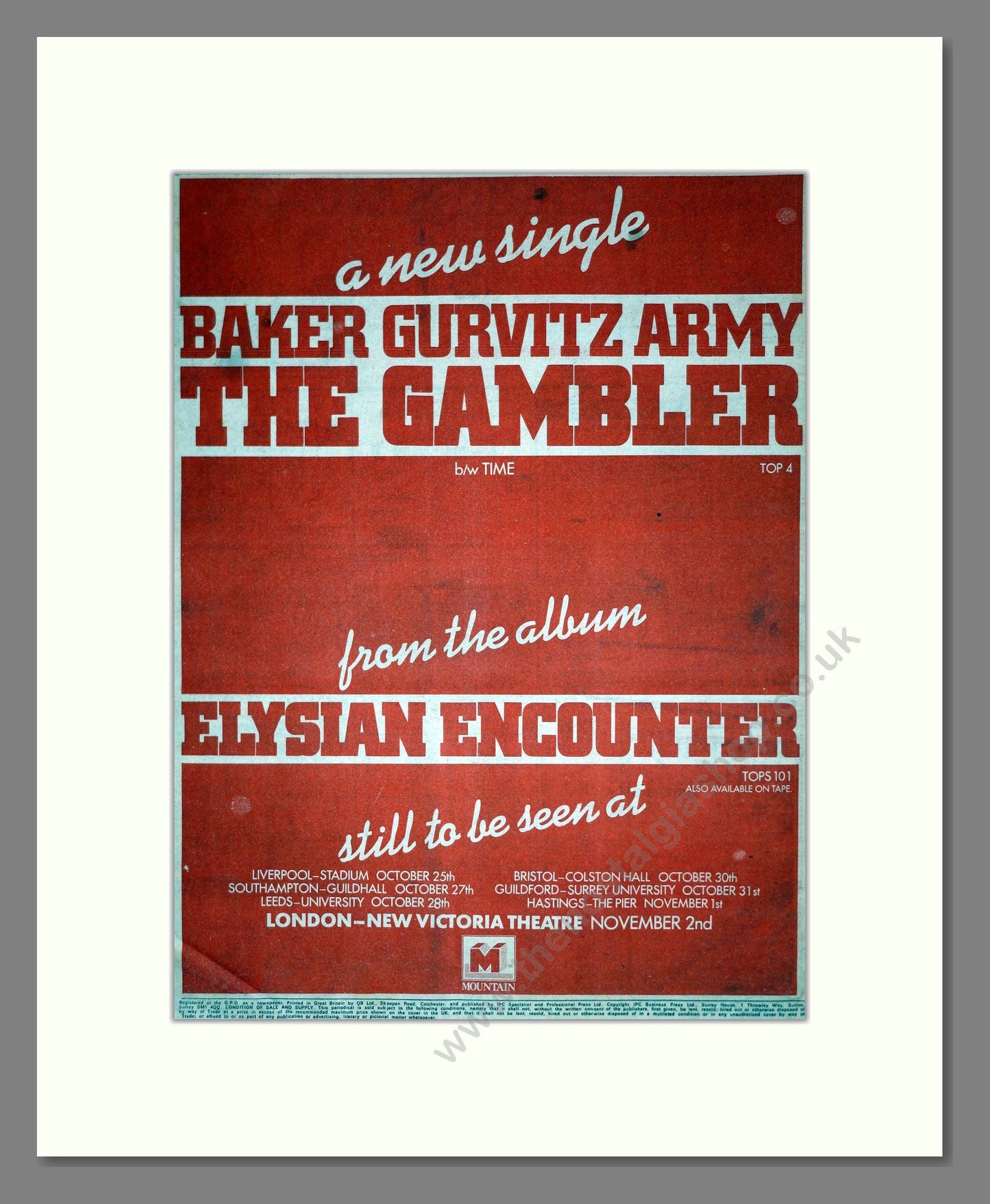 Baker Gurvitz Army (The) - The Gambler. Vintage Advert 1975 (ref AD19020)