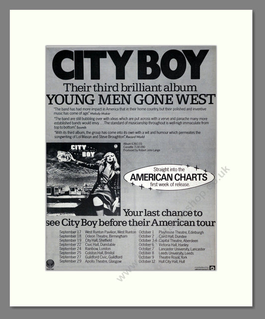 City Boy - Young Men Gone West. Vintage Advert 1977 (ref AD19062)