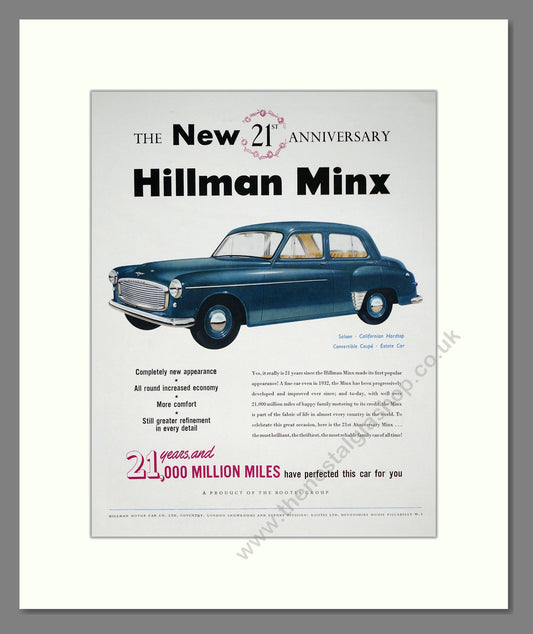 Hillman Minx 21st Anniversary. Original Advert 1953 (ref AD302303)