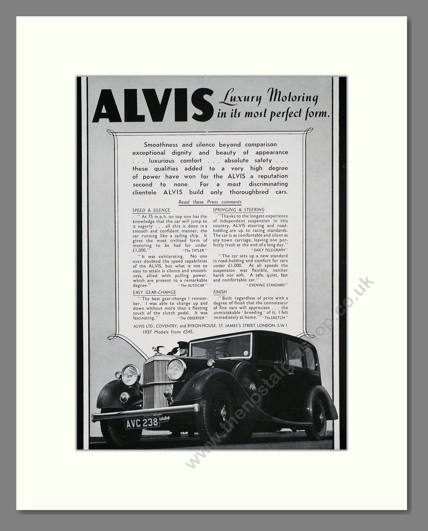 Alvis Motors 1937. Original Advert 1937 (ref AD302307)