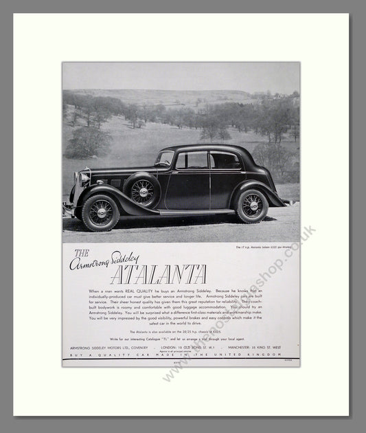 Armstrong Siddeley Atalanta. Original Advert 1937 (ref AD302308)