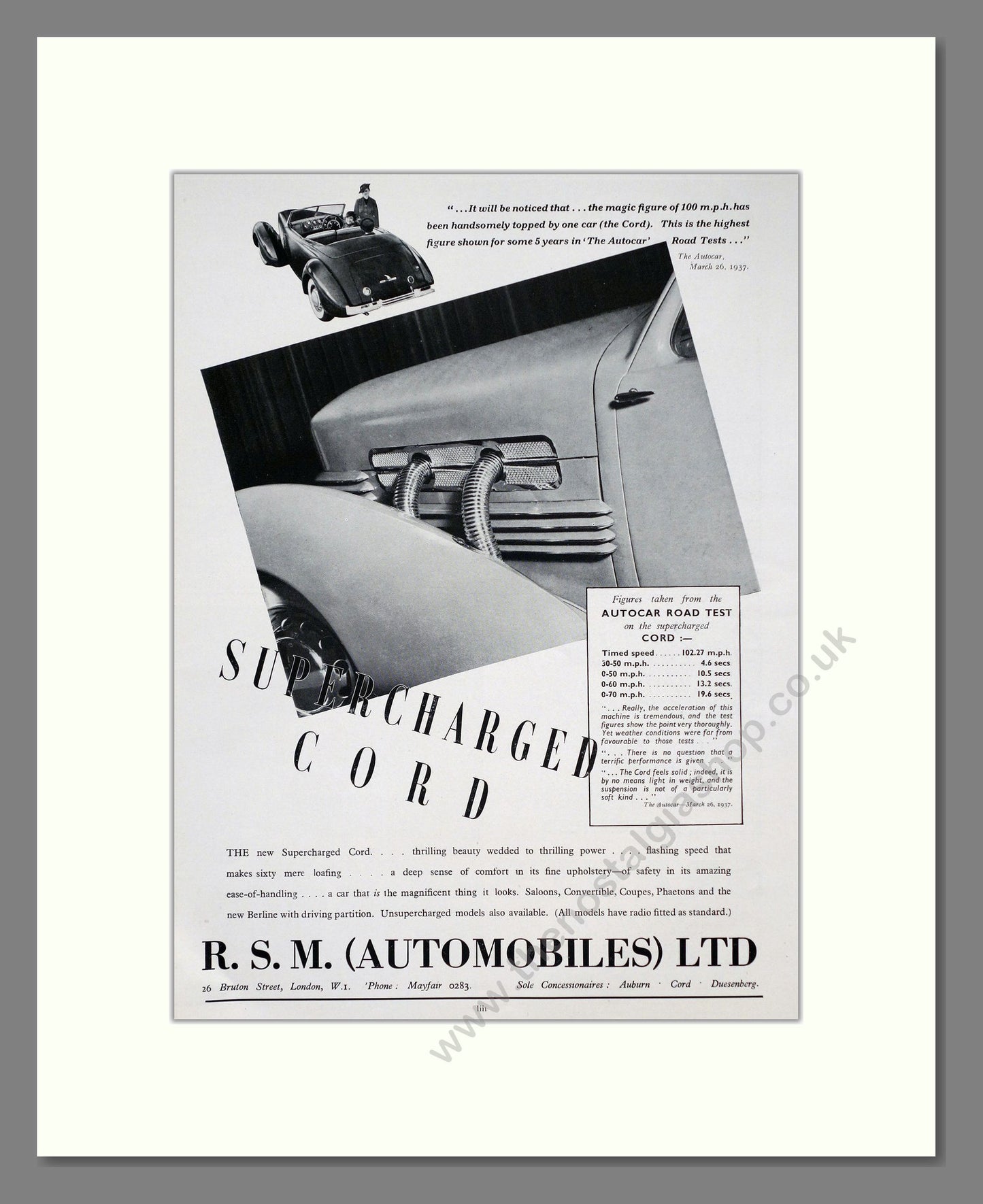 Cord Supercharged Motor. Original Advert 1937 (ref AD302315)