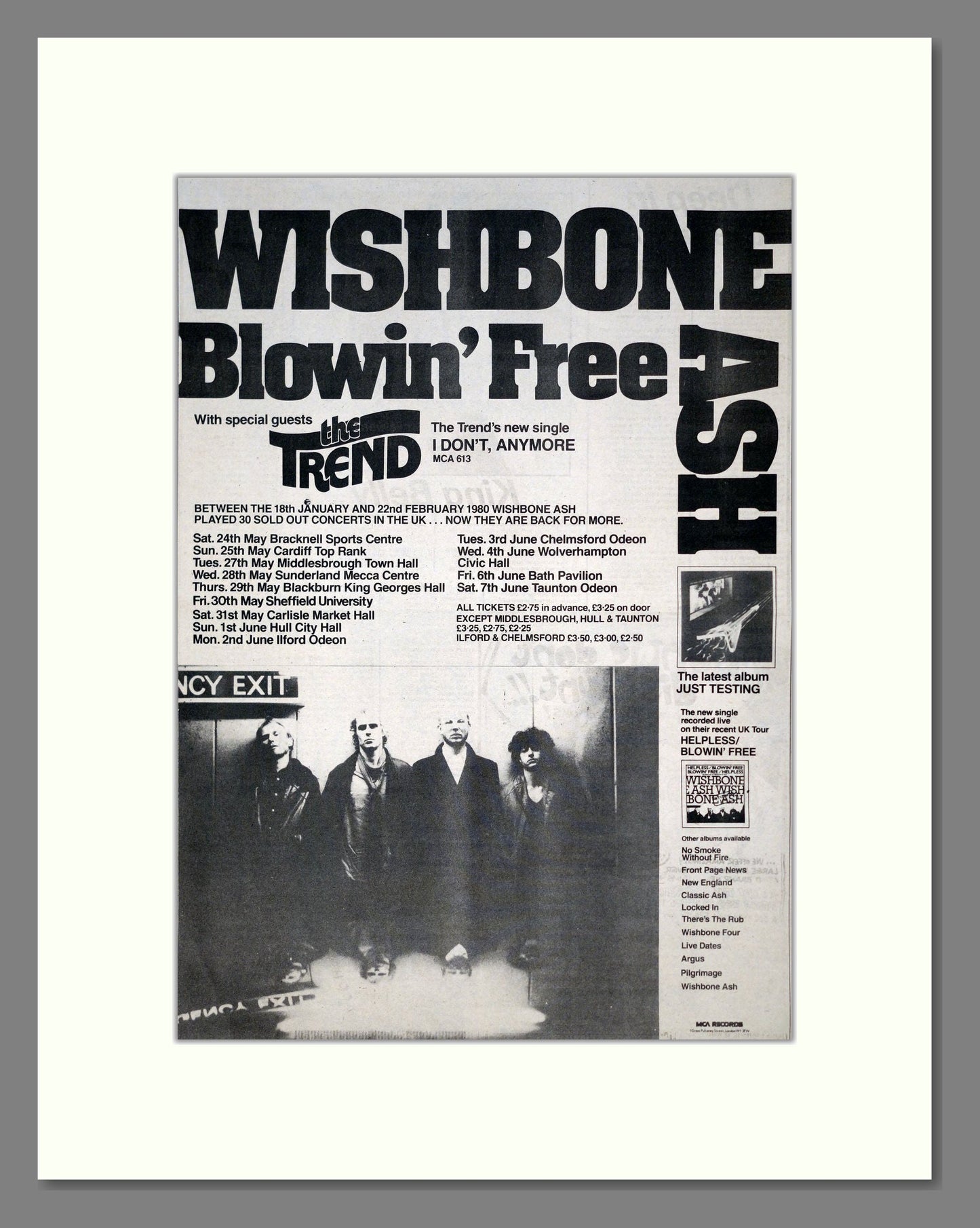 Wishbone / Ash - Blowin Free. Vintage Advert 1980 (ref AD19215)