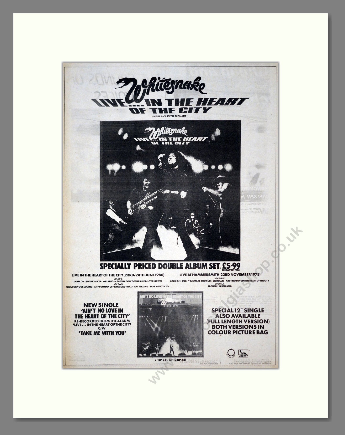 Whitesnake - Live In The Heart Of The City. Vintage Advert 1980 (ref AD19233)